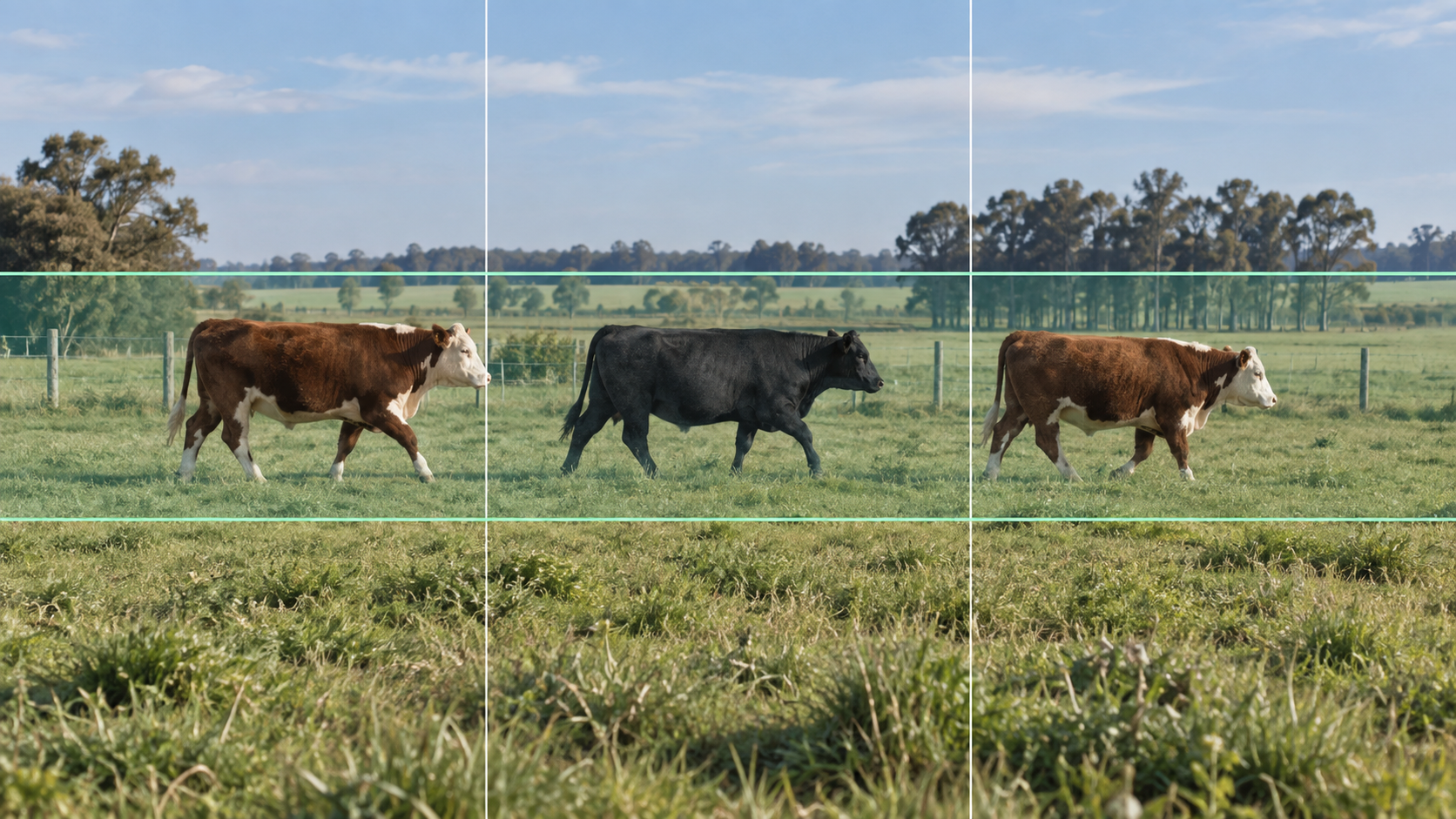 Grilla 3×3 con la hacienda completa en la franja horizontal del medio y espacio libre abajo.
