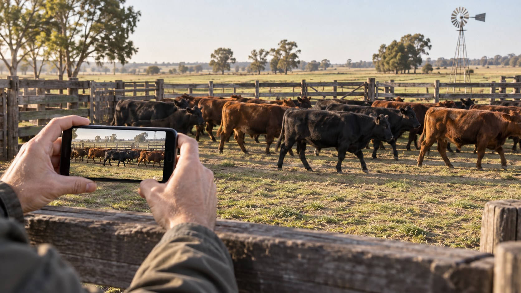 Celular horizontal sostenido con ambas manos fuera del corral, filmando la hacienda